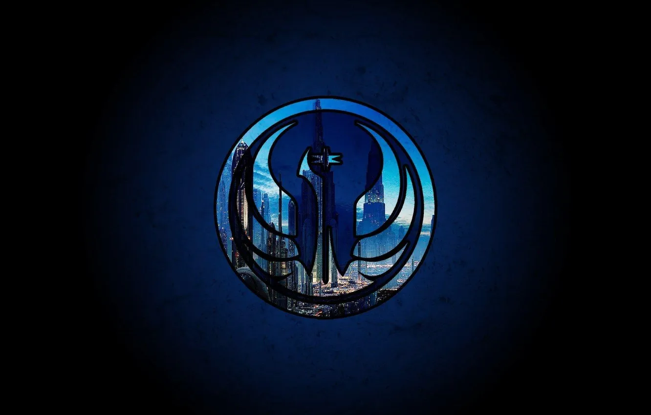 Фото обои city, Star Wars, logo, minimalism, skyscraper, movie, blue background, Jedi