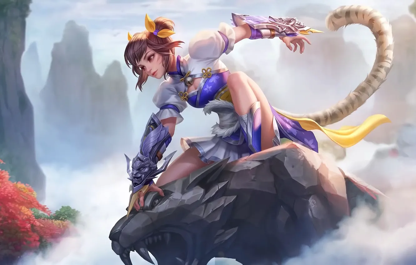 Фото обои девушка, деревья, туман, скалы, Wanwan, Mobile Legends: Bang Bang!, пантеоа