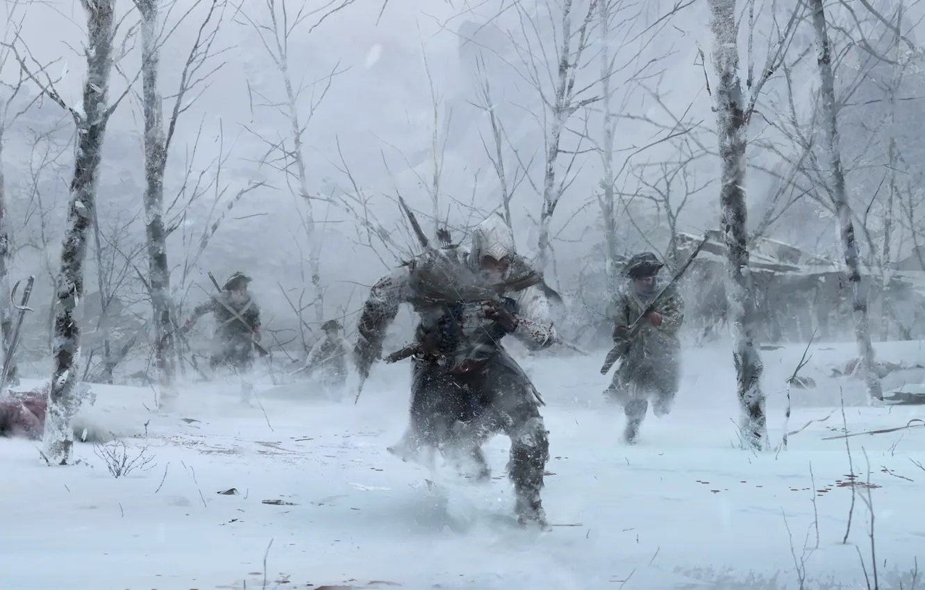 Фото обои зима, лес, деревья, солдаты, ассасин, Радунхагейду, Кредо Убийцы 3, Assassin’s Creed III