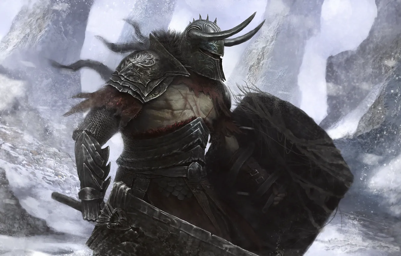 Фото обои зима, меч, воин, арт, шлем, щит, berserk