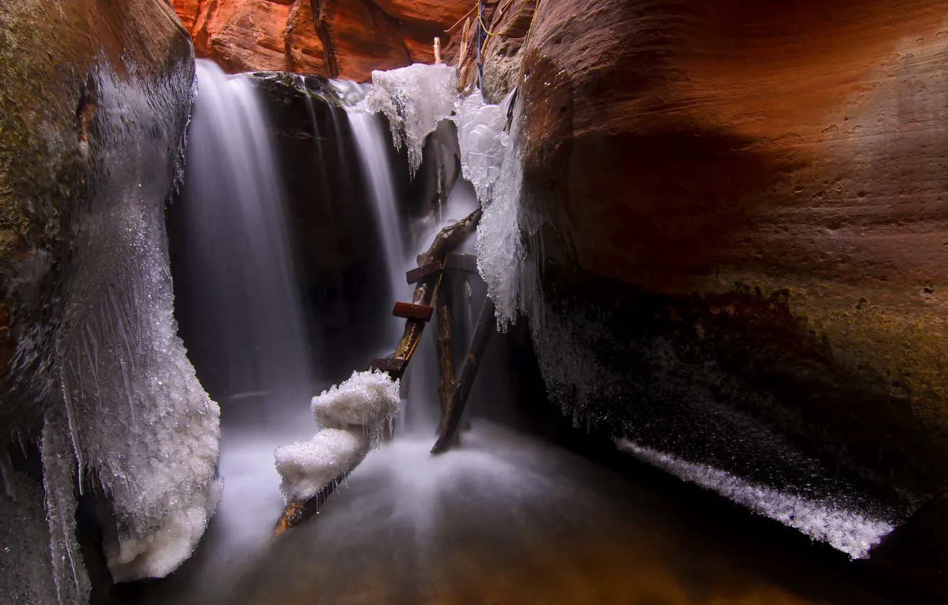 Фото обои лед, сосульки, лестница, пещера, Utah, USА, Kanarraville