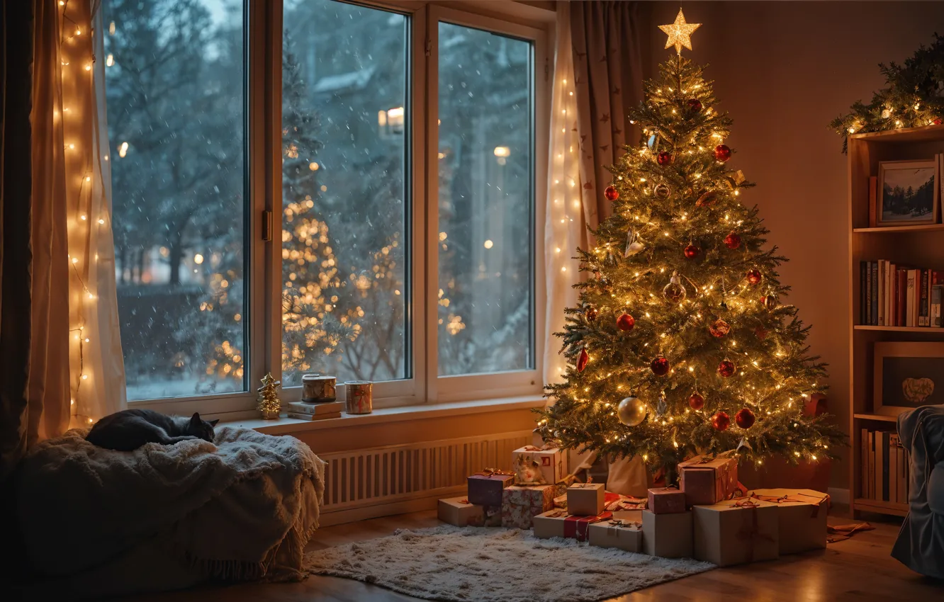 Фото обои комната, елка, интерьер, Рождество, Новый год, Christmas, view, tree