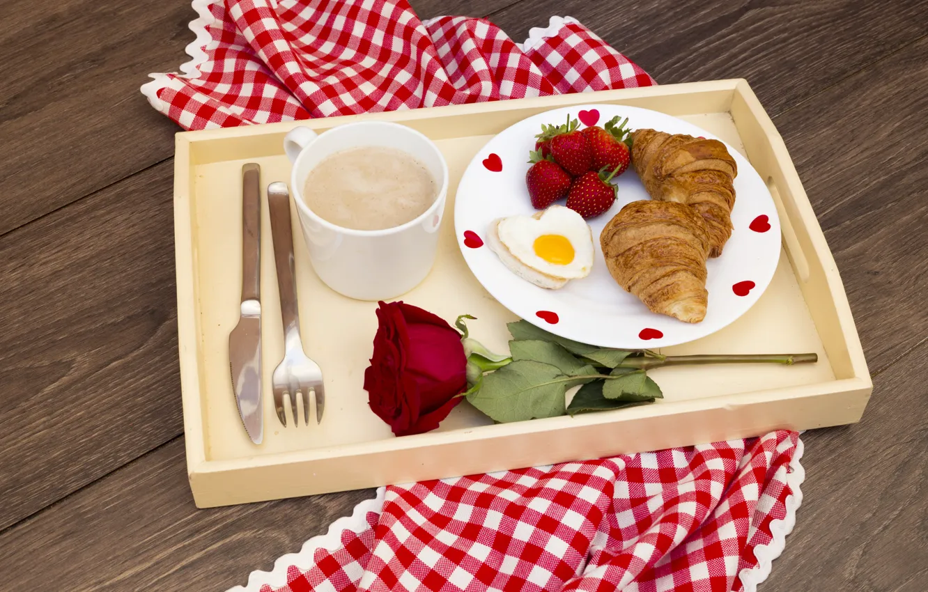 Фото обои ягоды, роза, кофе, клубника, romantic, круассаны, Breakfast