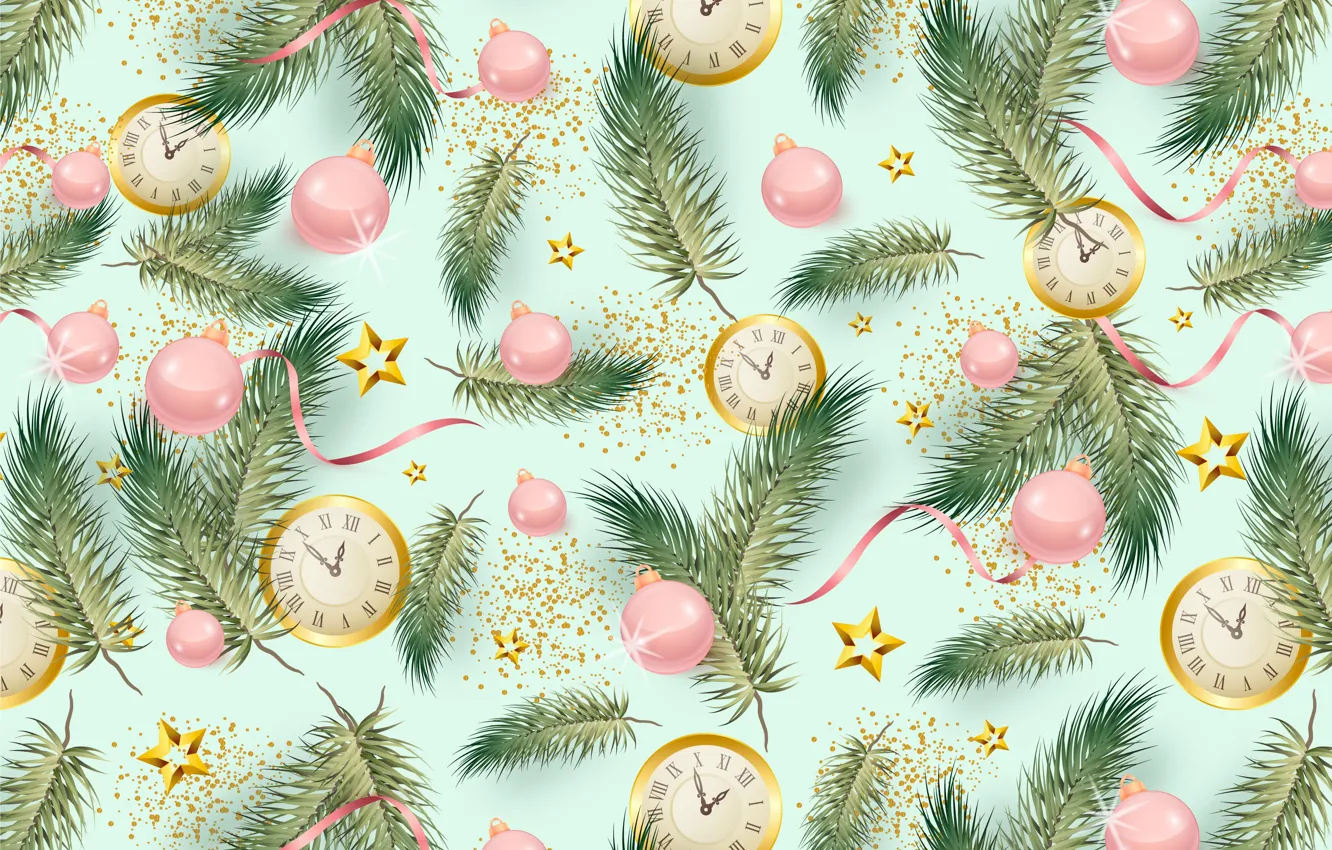 Фото обои шарики, ветки, фон, часы, текстура, Рождество, Новый год