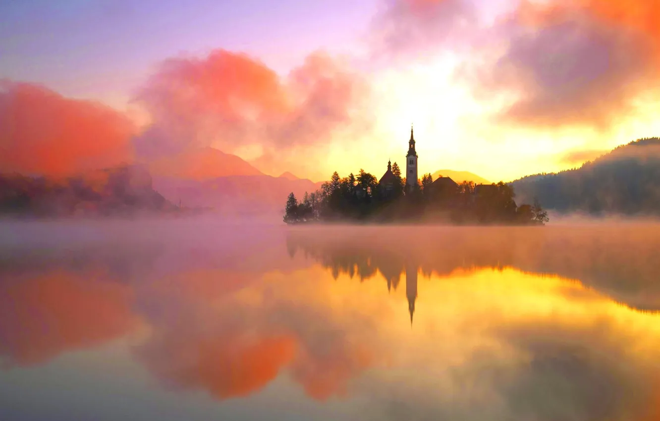 Фото обои вода, пейзаж, оранжевый, природа, туман, озеро, тепло, остров