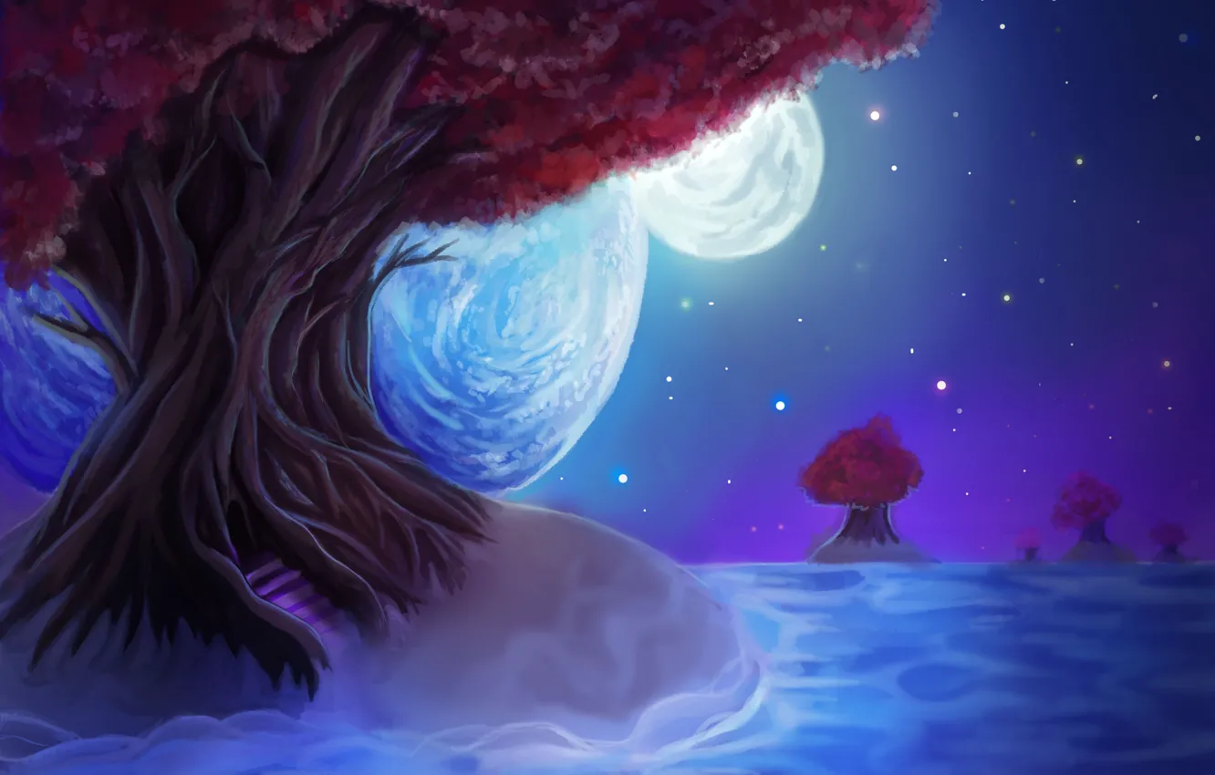Фото обои небо, листья, звезды, пейзаж, ночь, дерево, луна, планета