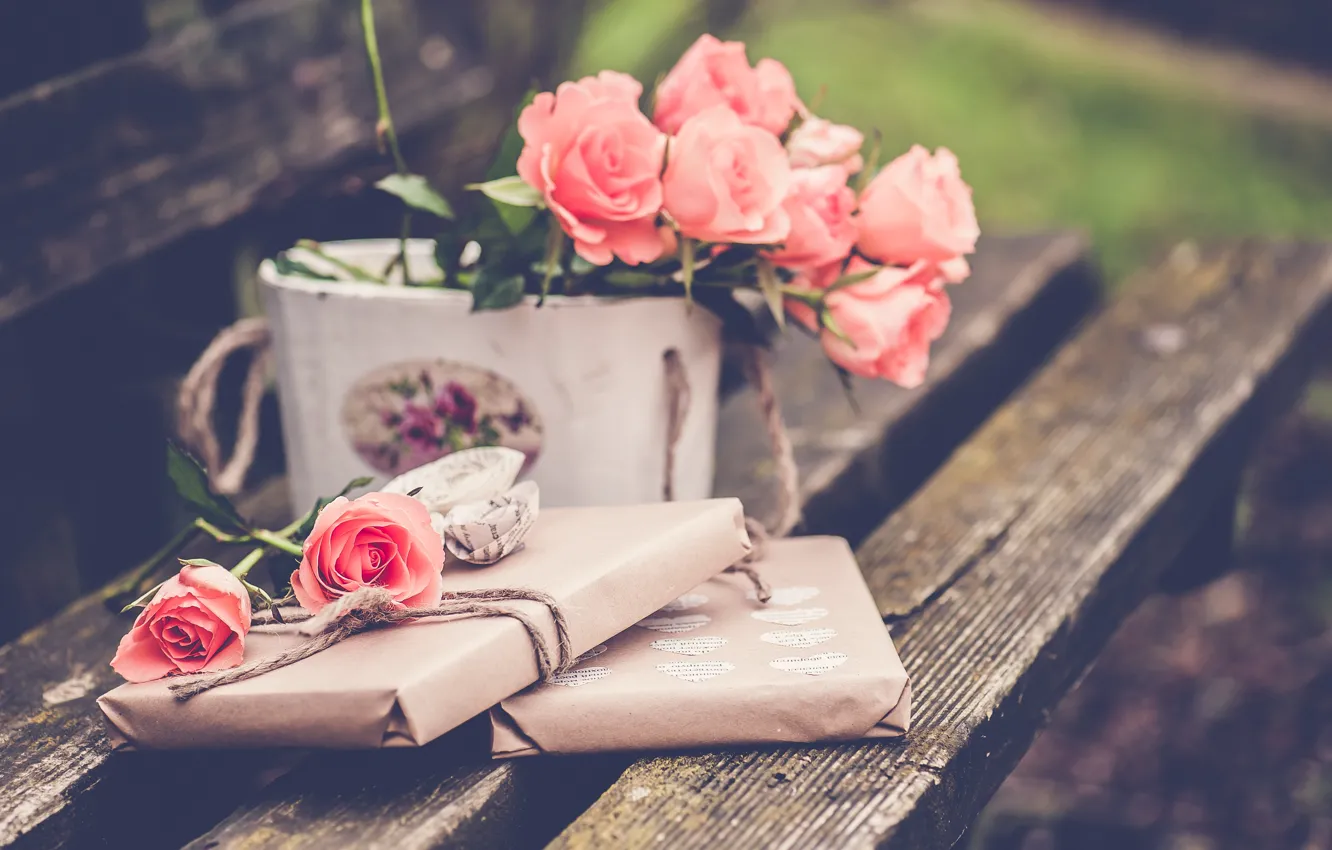 Фото обои цветы, скамейка, розы