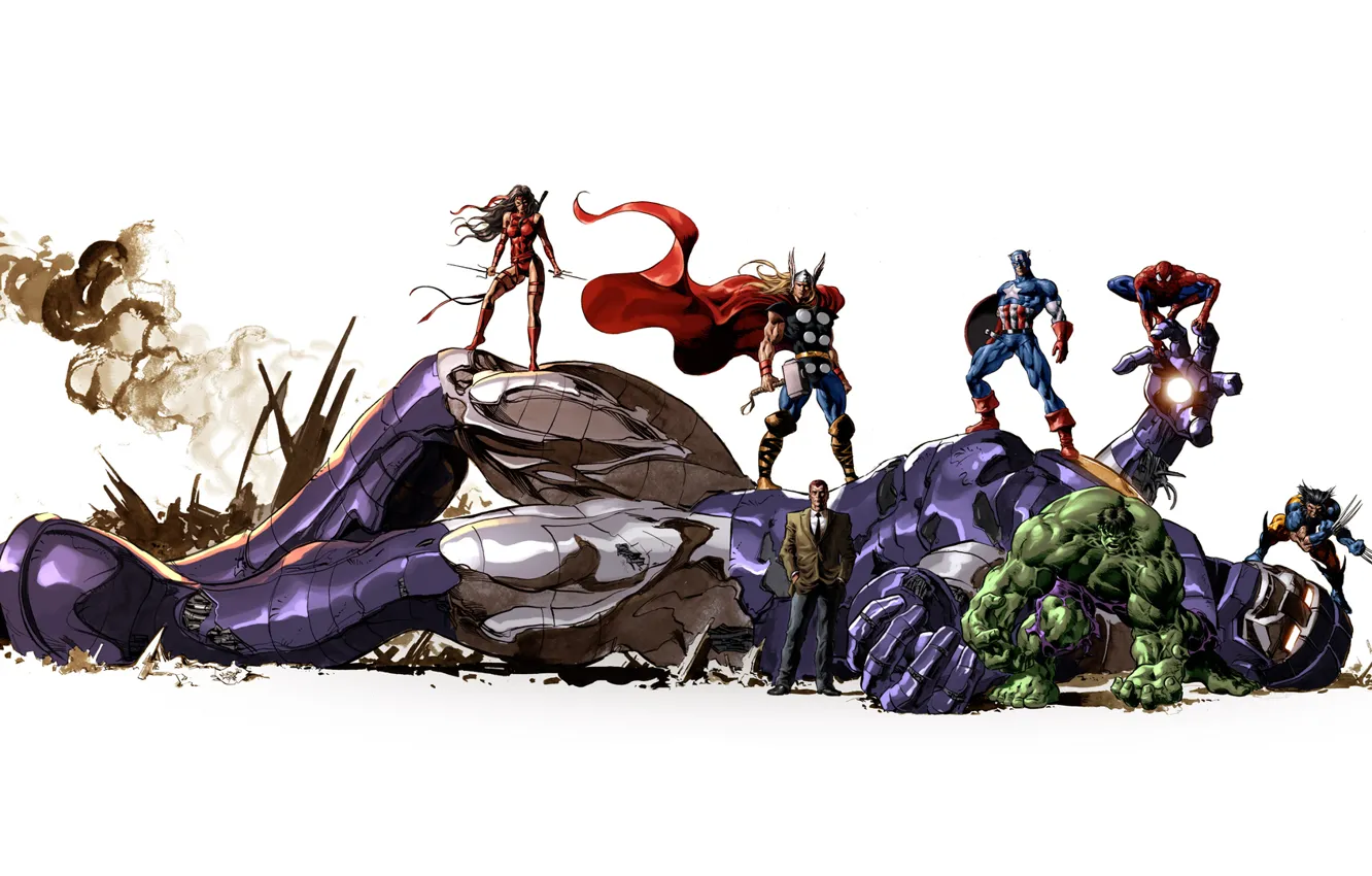 Фото обои робот, персонажи, wolverine, халк, marvel, комикс, тор, супер герои