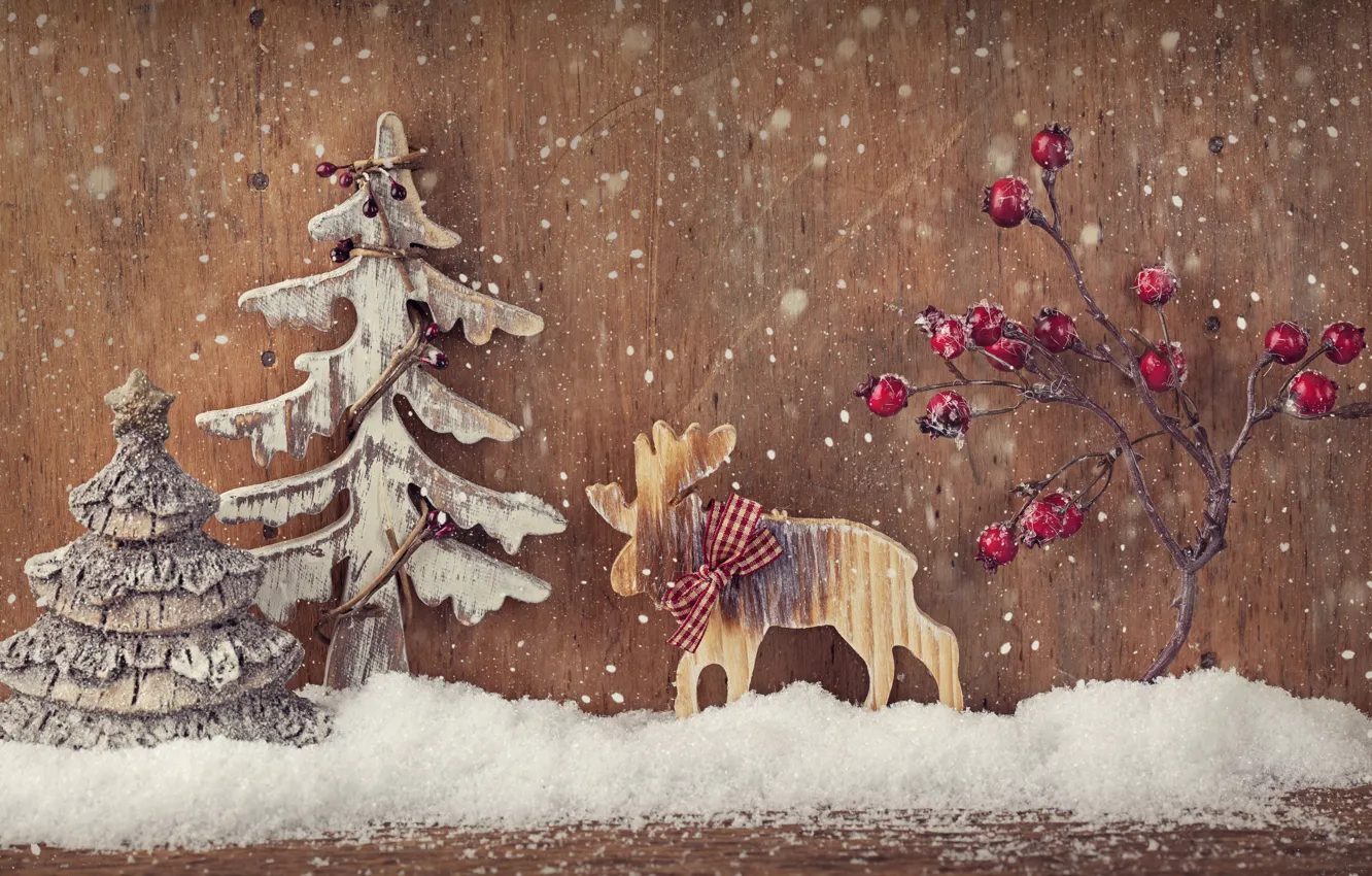 Фото обои украшения, ягоды, елки, Новый Год, Рождество, Christmas, vintage, wood