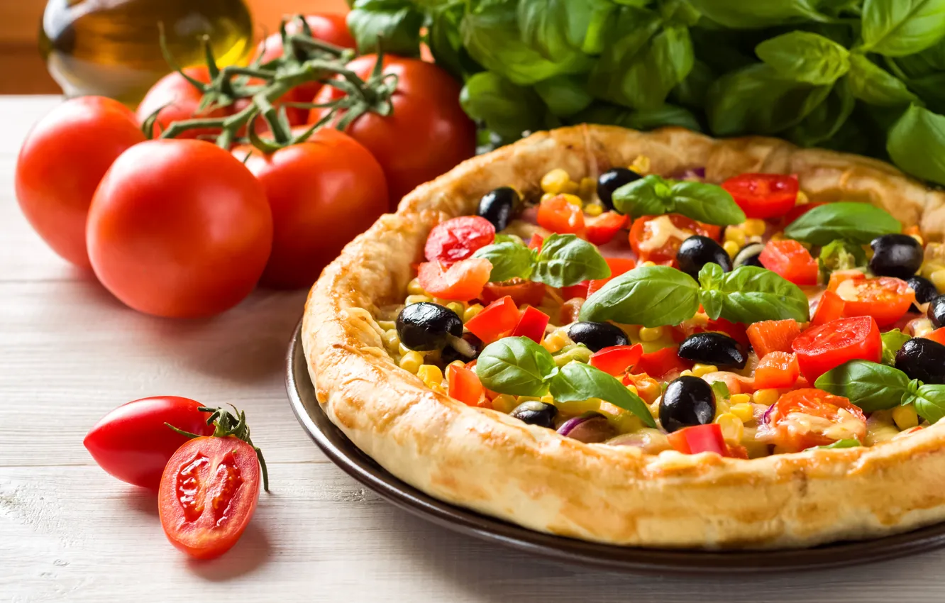 Фото обои кукуруза, перец, пицца, помидоры, оливки, специи, tomatoes, Fast food