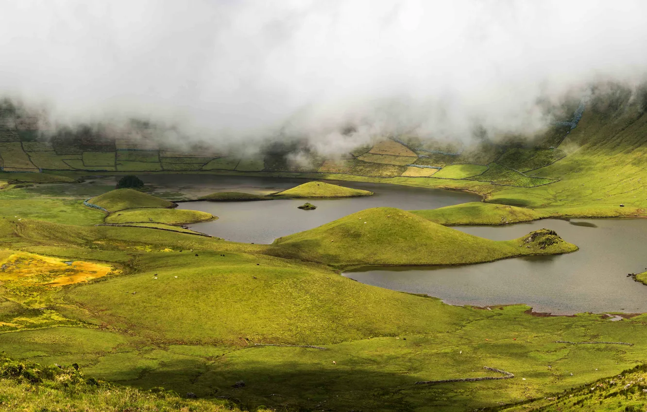 Фото обои Природа, Туман, Озеро, Каньон, Португалия, Пейзаж, Island, Corvo