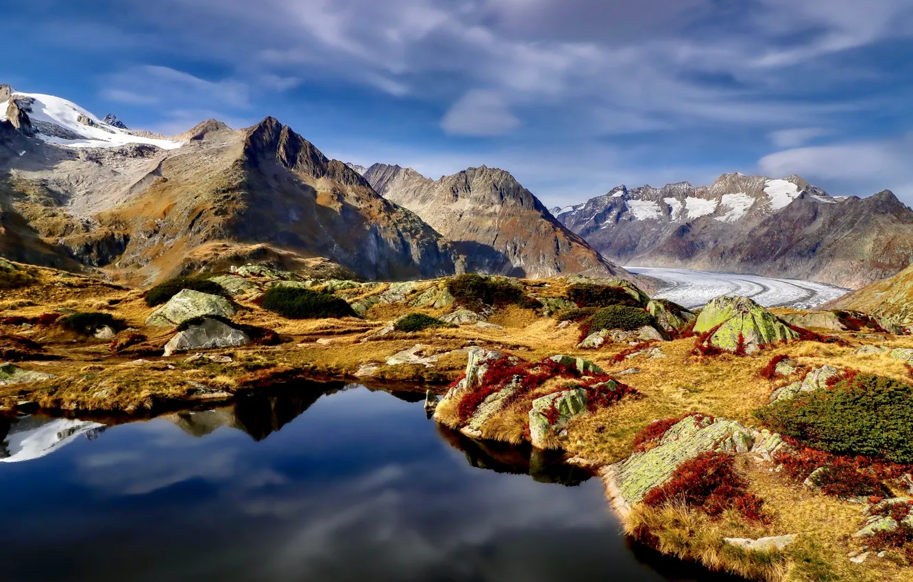 Фото обои дорога, пейзаж, горы, природа, озеро, Швейцария, ледник, Алечский ледник