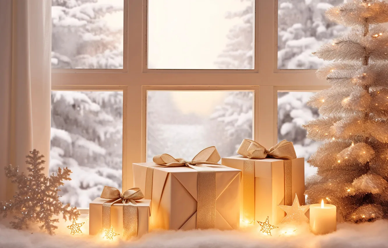 Фото обои зима, украшения, шары, елка, Новый Год, окно, Рождество, подарки
