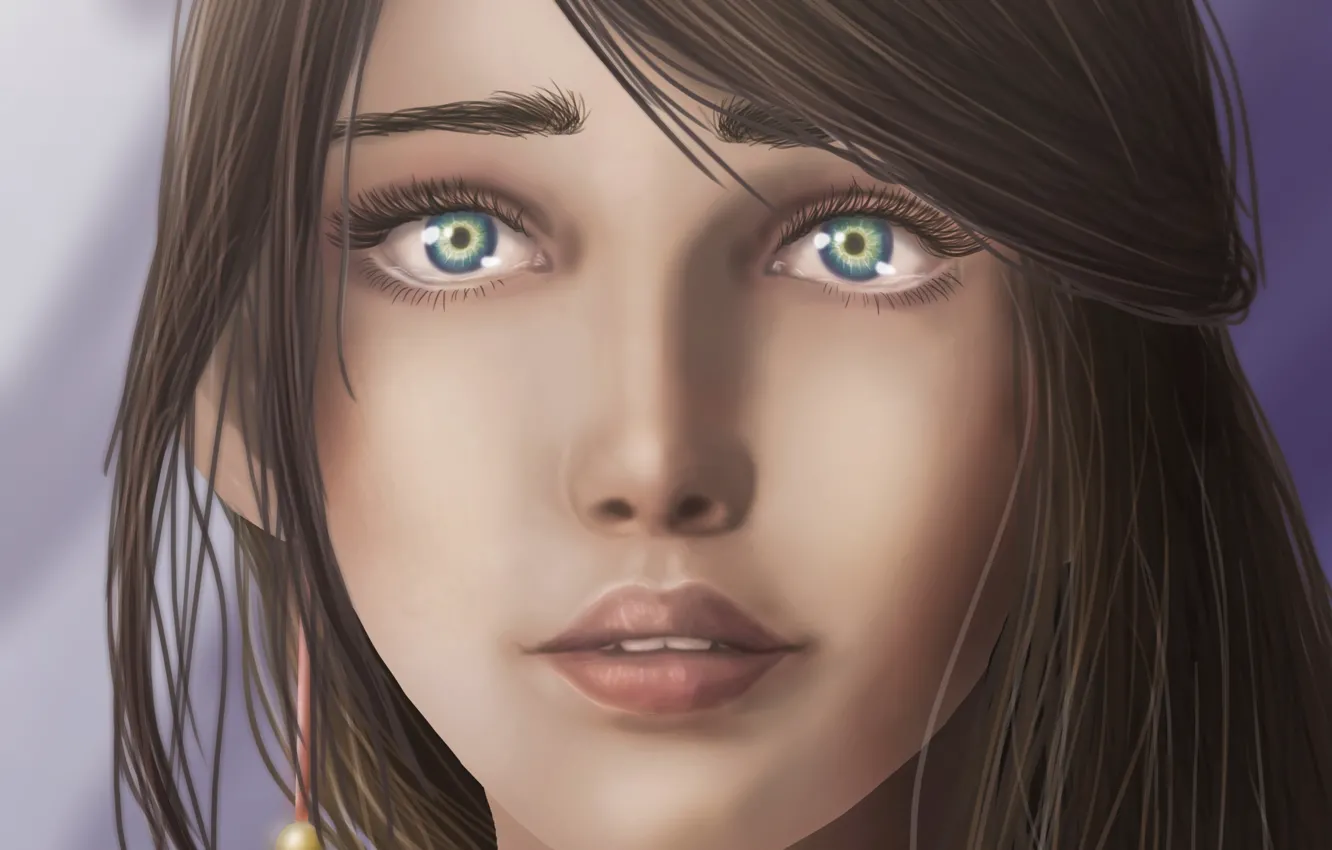 Фото обои взгляд, девушка, крупный план, лицо, волосы, арт, губы, зеленые глаза