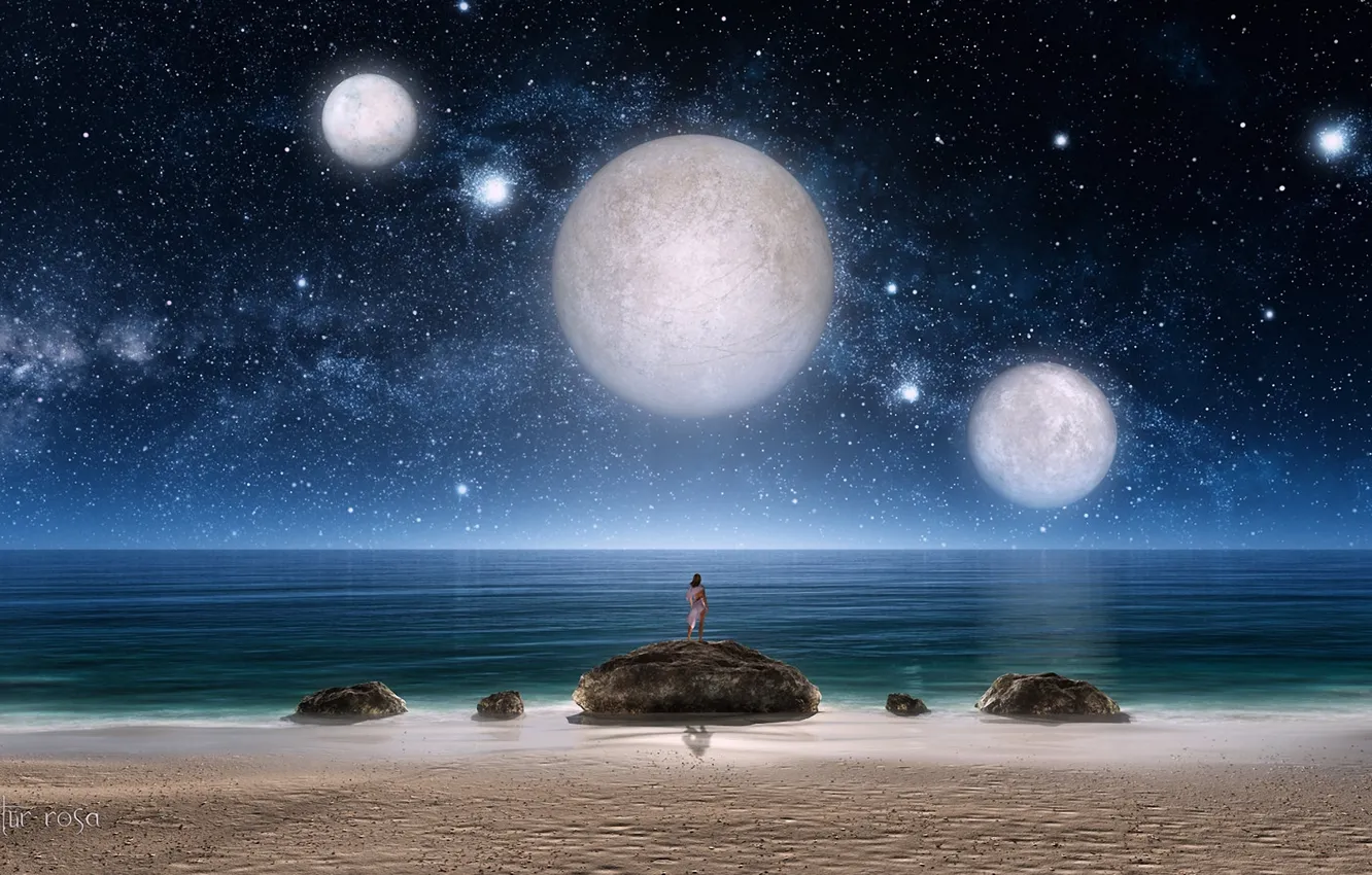 Фото обои море, девушка, звезды, ночь, камни, фантастика, планеты, арт