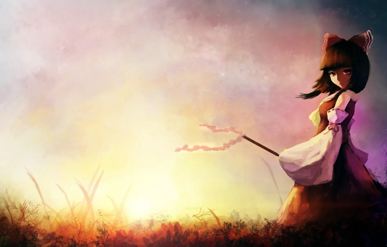 Фото обои трава, девушка, закат, арт, бант, touhou, hakurei reimu, gracehoo