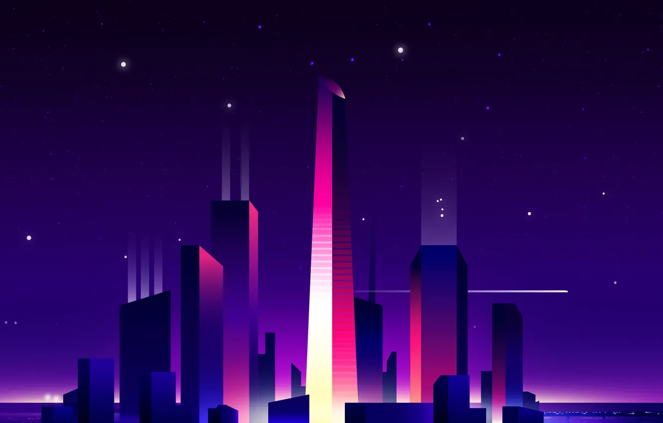 Фото обои свет, ночь, city, город, небоскребы, light, пурпурный, minimalism