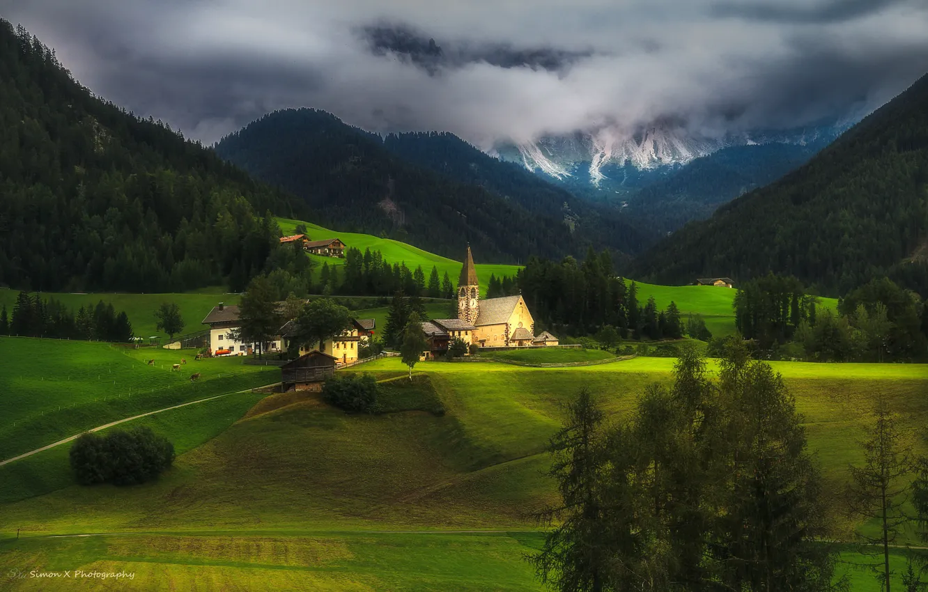 Фото обои лес, горы, природа, луг, церковь, Италии, Santa Maddalena, Simon W