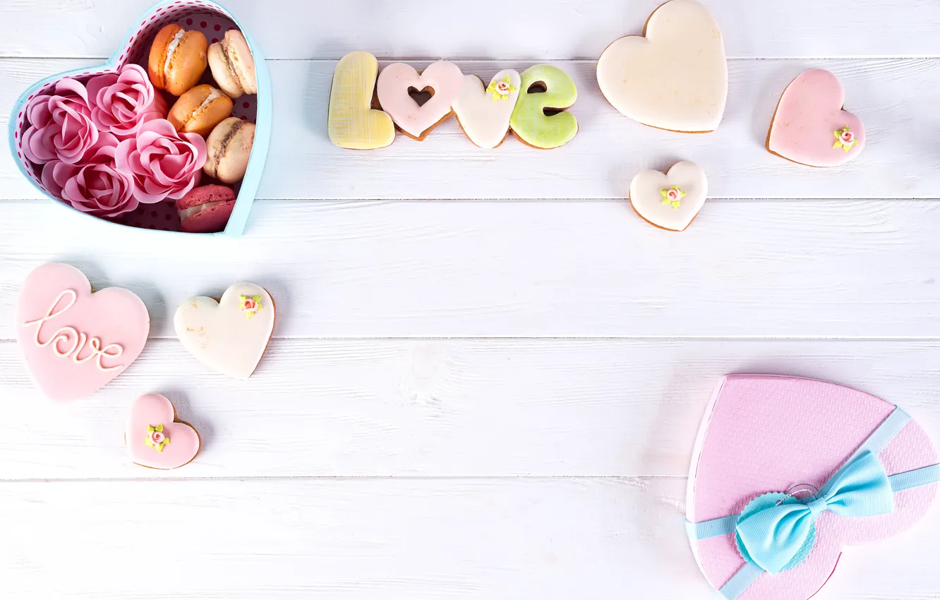 Фото обои коробка, печенье, сердечки, композиция, macaron, Myfoodie