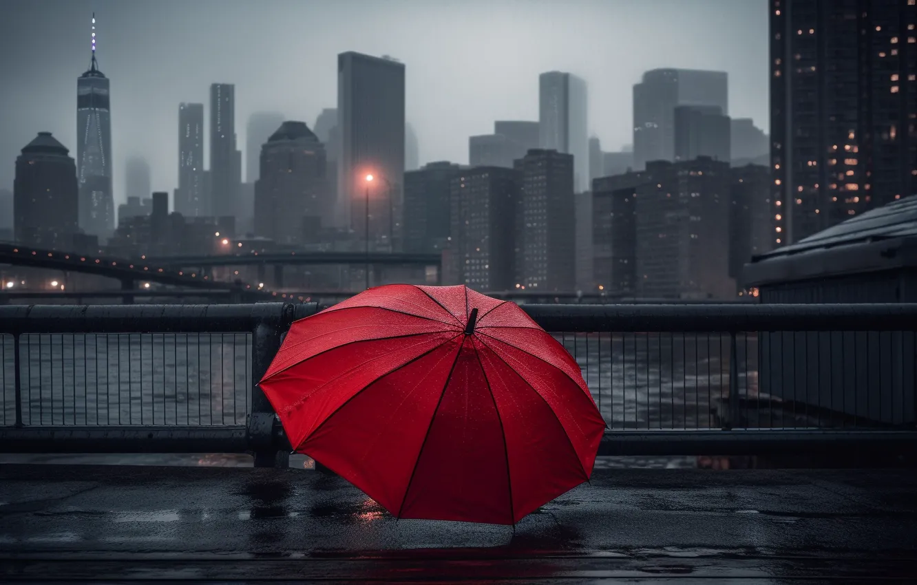 Фото обои city, город, дождь, небоскребы, зонт, red, sad, rain