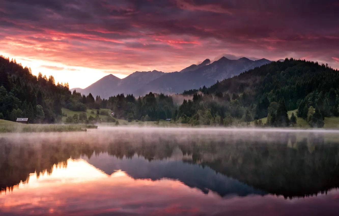 Фото обои лес, горы, природа, озеро, рассвет, утро, Пейзаж