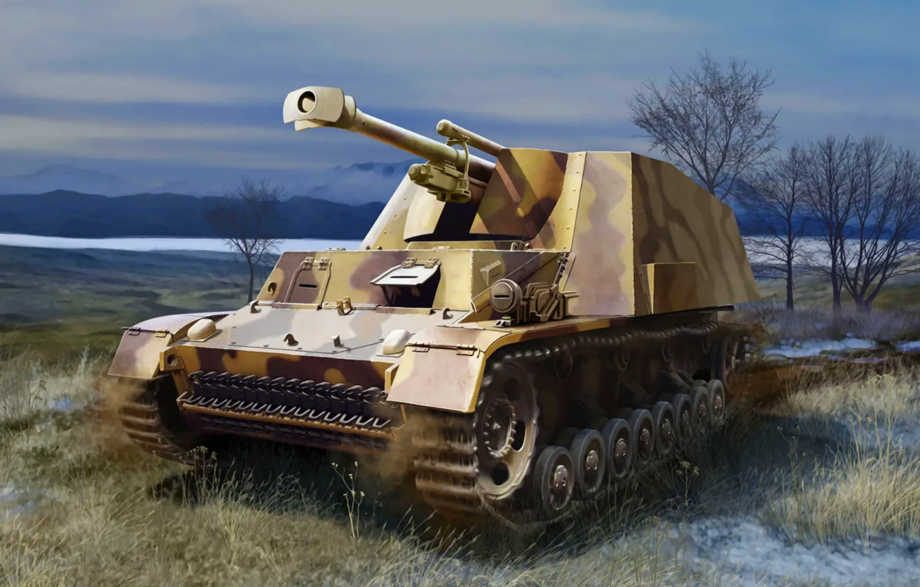 Фото обои art, painting, tank, WW2, WAR, Sd.Kfz.165 Hummel-Wespe