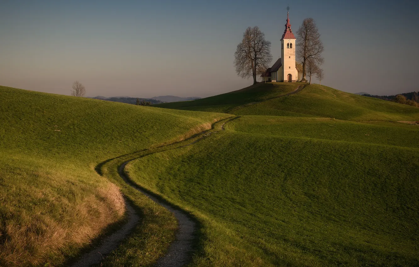 Фото обои дорога, деревья, пейзаж, закат, природа, холмы, церковь, Словения