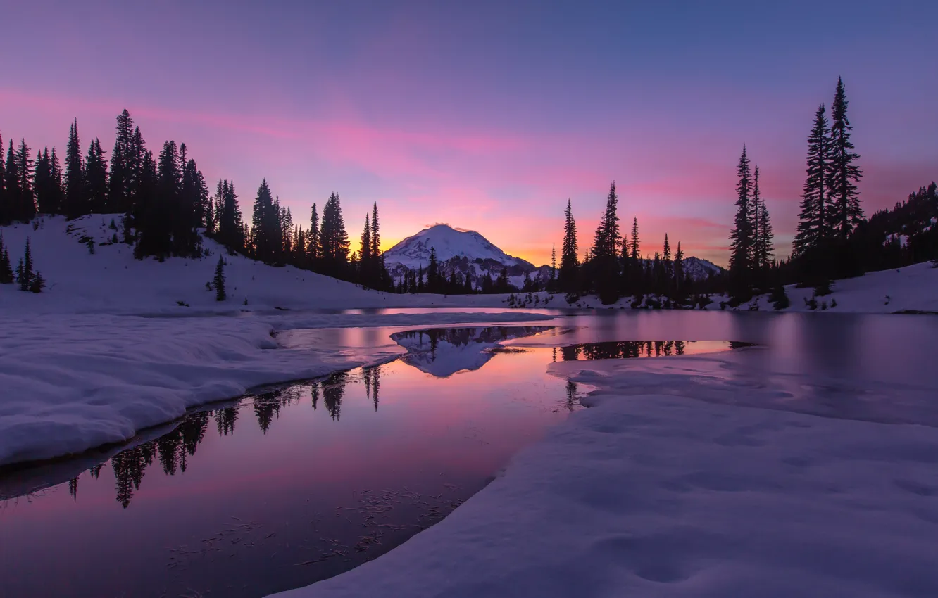 Фото обои зима, лес, горы, водоем