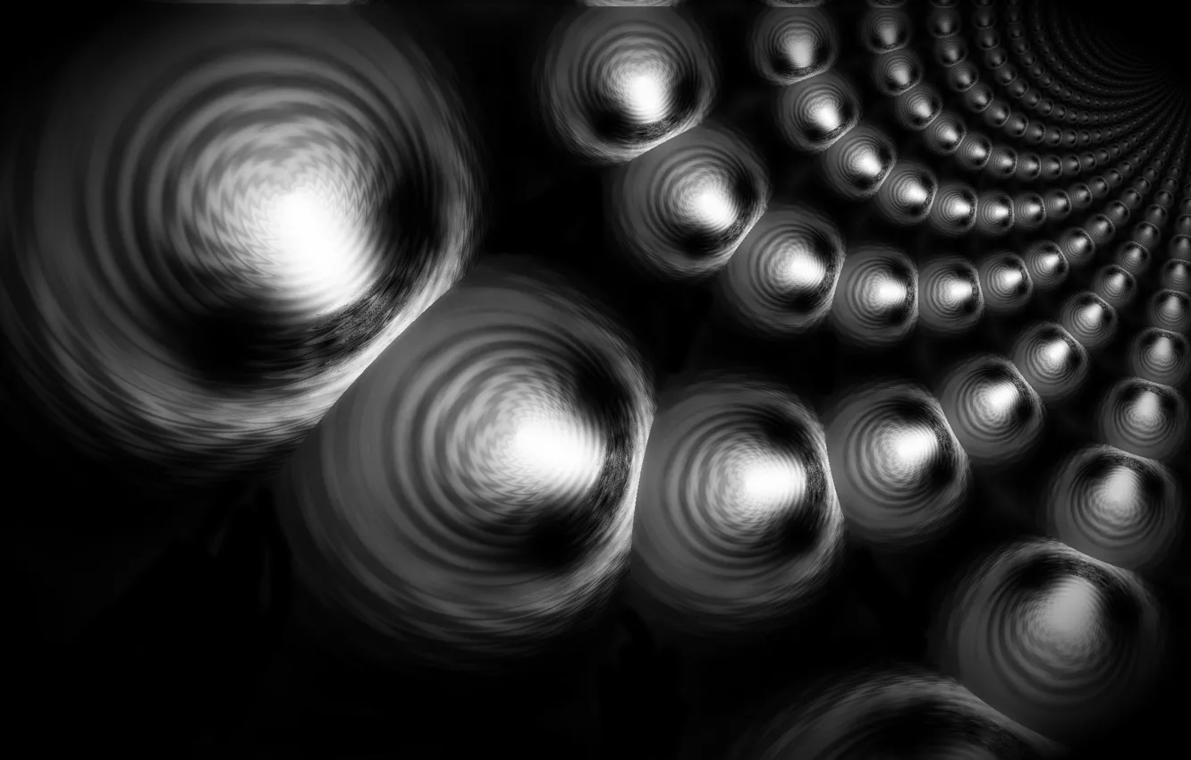 Фото обои абстракция, фантазия, шары, чёрно-белое, бусы, чёрный фон, нити, жемчужины