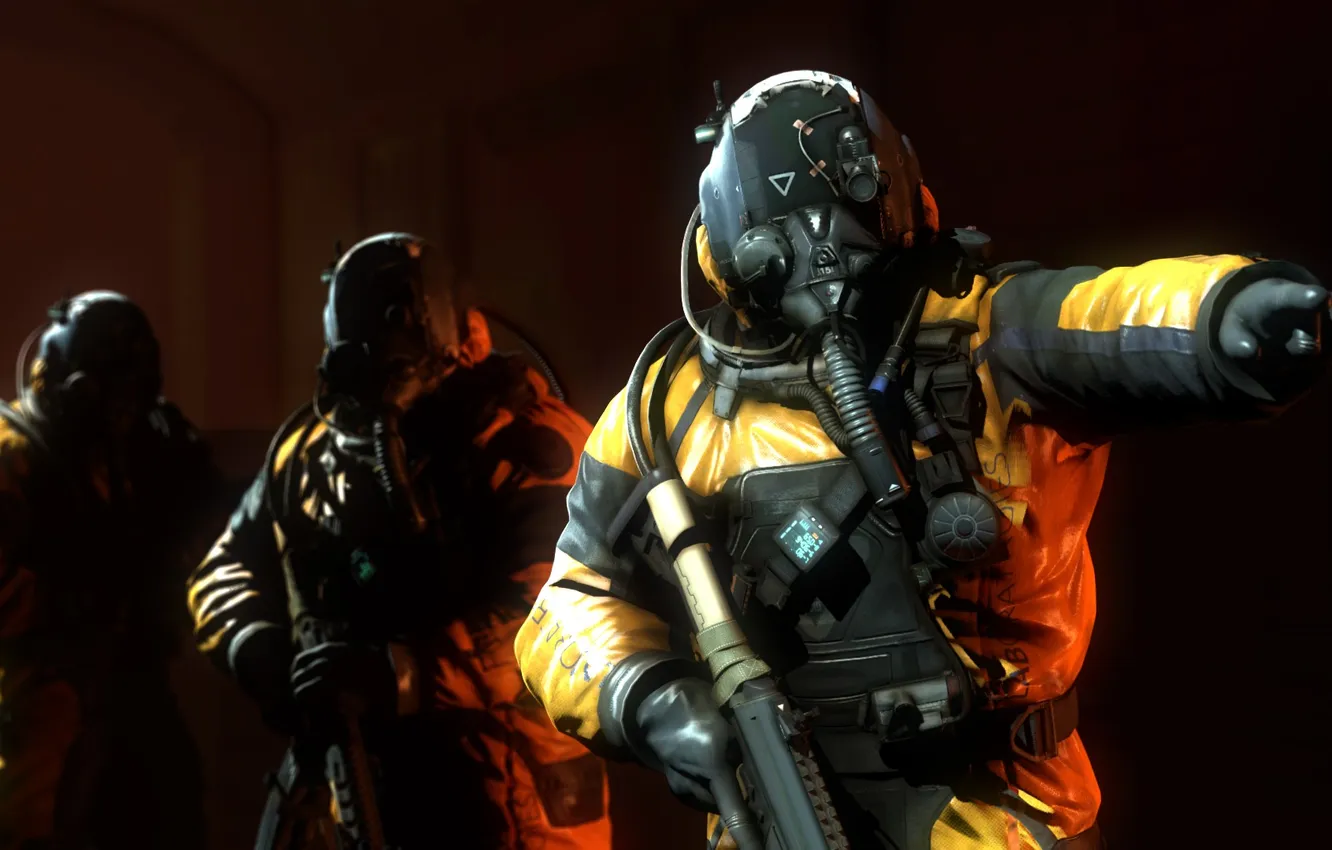 Фото обои оружие, солдаты, шлем, химзащита, Hazmat, костюм Call of Duty: Advanced Warfare