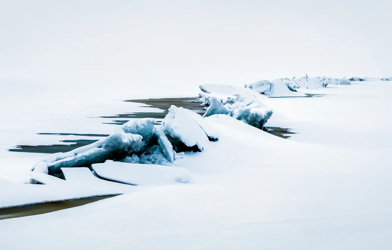 Фото обои снег, река, лёд