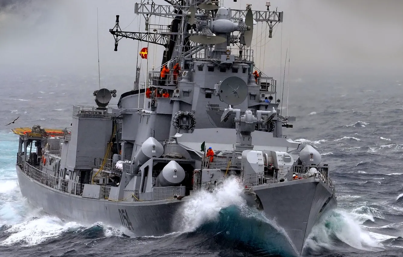 Фото обои море, волны, корабль, Эсминец, ВМС Индии, &quot;Ранвир&quot;, проект 61мэ