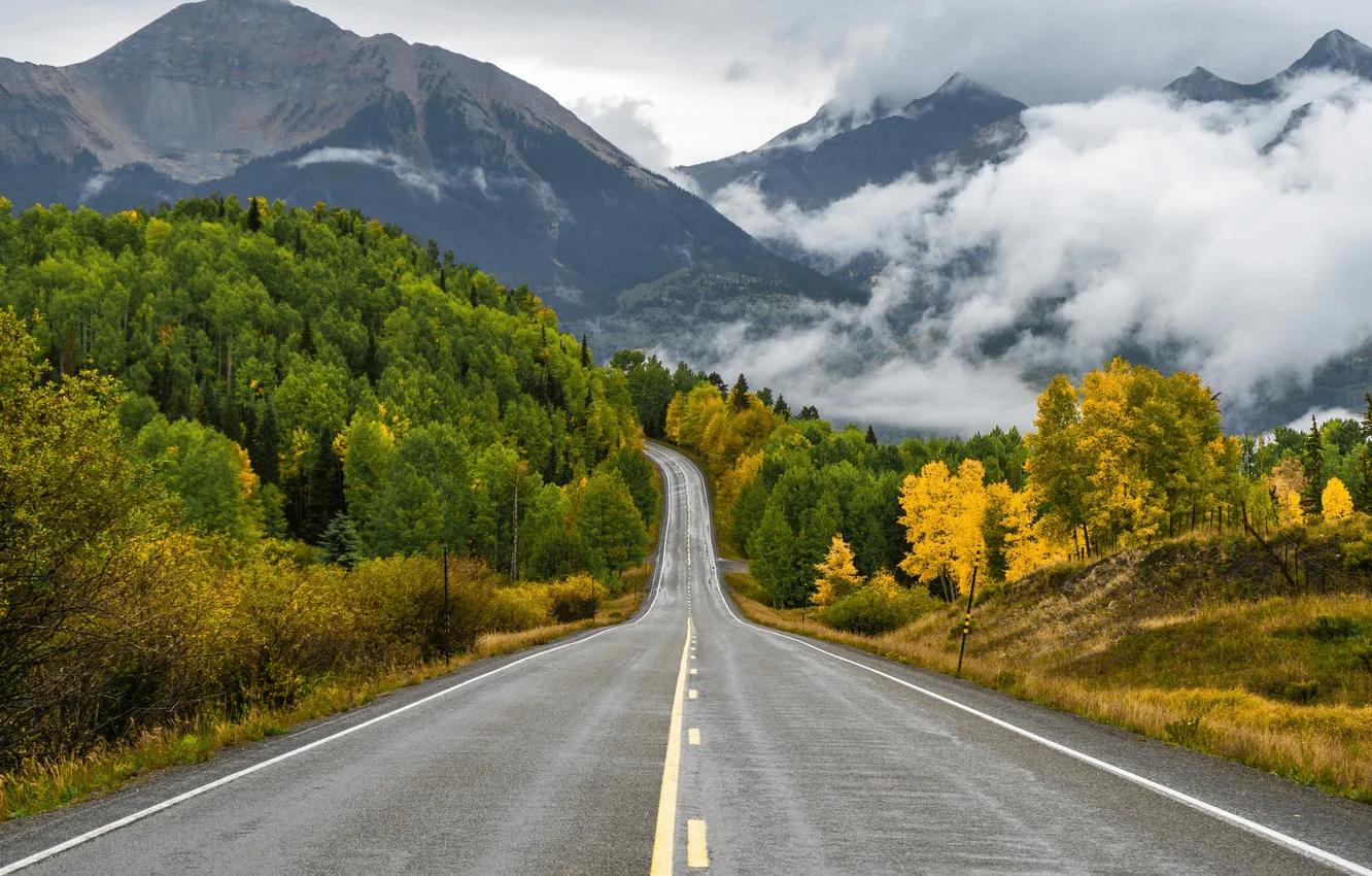 Фото обои road, trees, landscape, nature, mountains, clouds, asphalt, plants