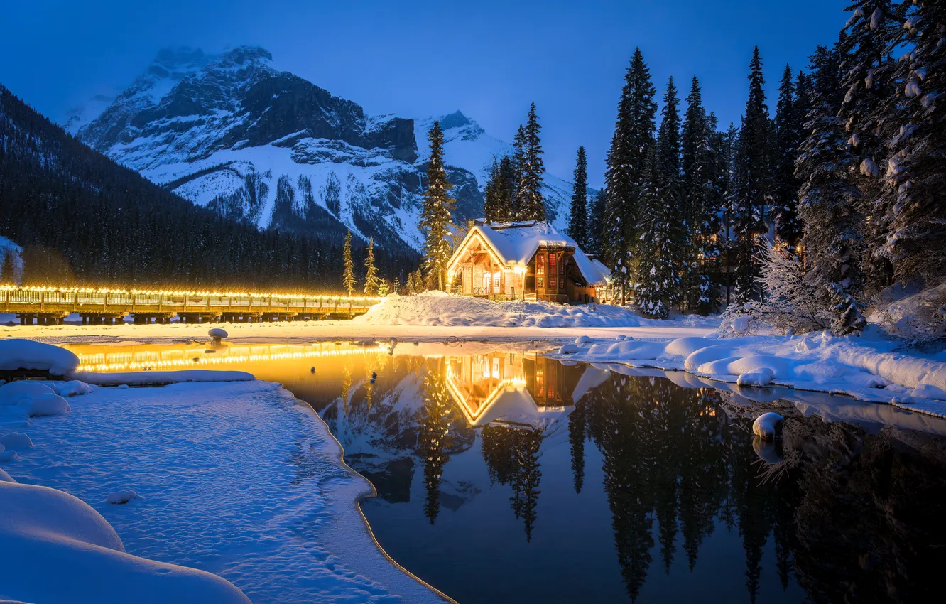 Фото обои Дома, Горы, Озеро, Деревья, Канада, Парки, Yoho National Park Снег