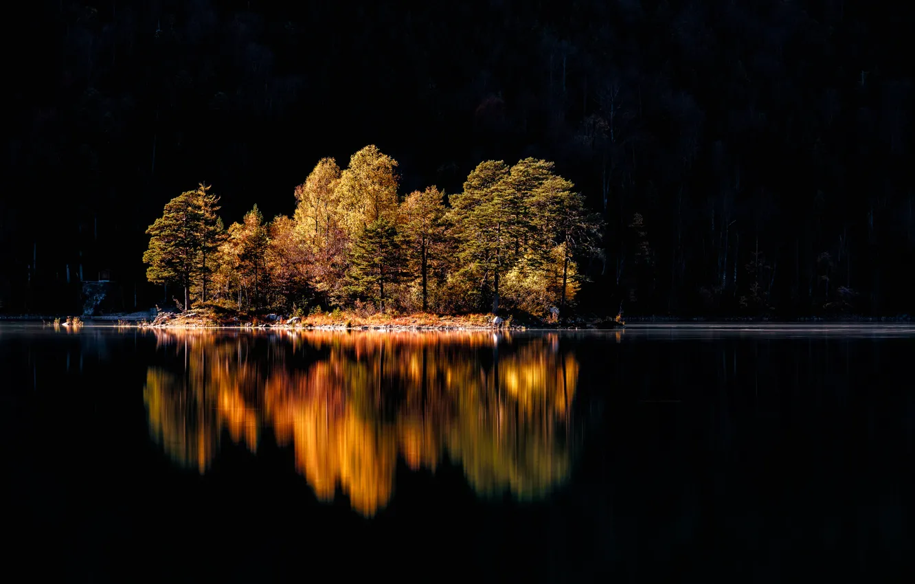 Фото обои осень, деревья, остров, Германия, Бавария, озеро Айбзее