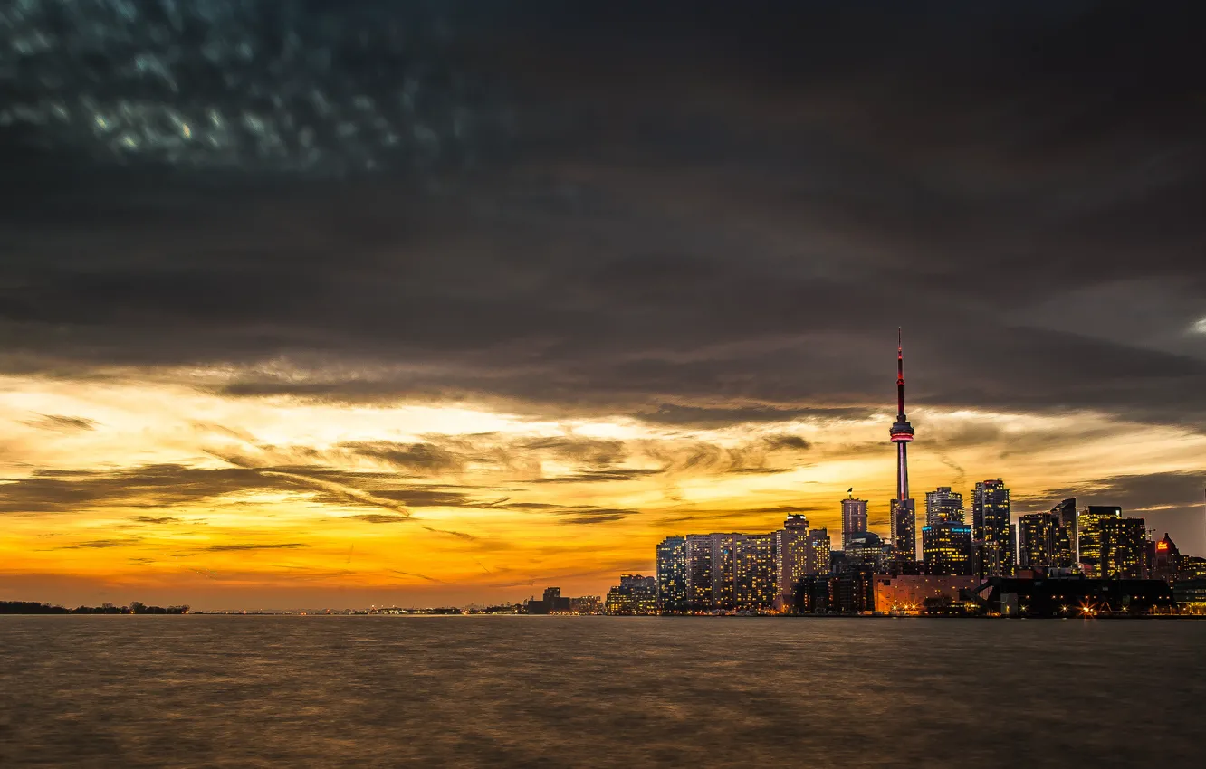 Фото обои вода, закат, город, озеро, здания, вышка, Toronto