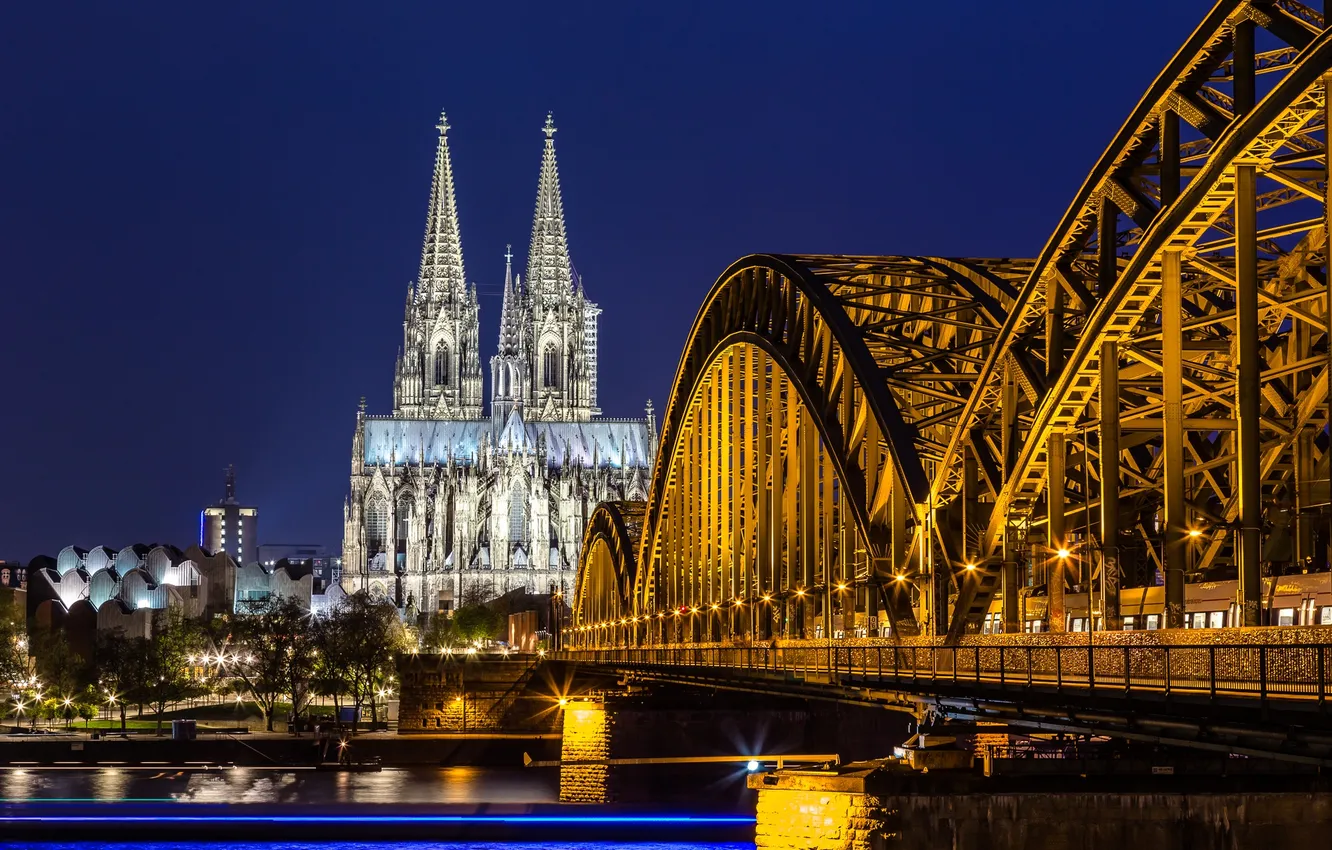 Фото обои ночь, мост, city, город, lights, огни, река, Германия