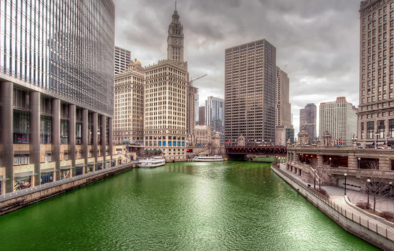 Фото обои мост, река, башня, дома, Чикаго, США, Иллинойс