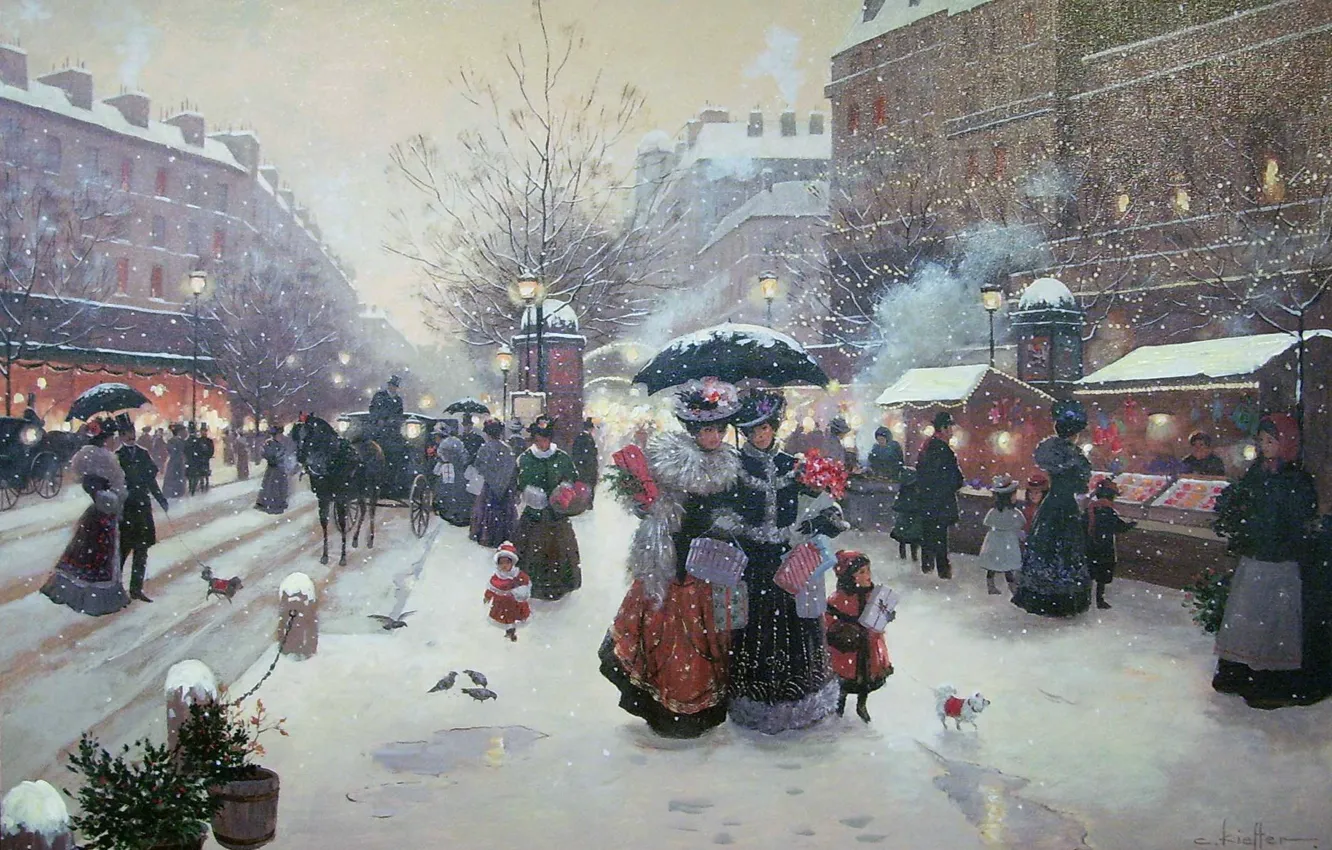 Фото обои зима, праздник, дамы, улица, Франция, Париж, Рождество, подарки