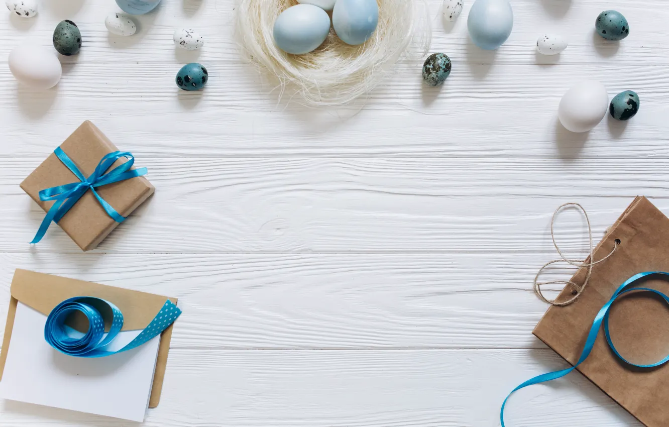Фото обои яйца, голубые, Пасха, лента, white, белые, wood, blue