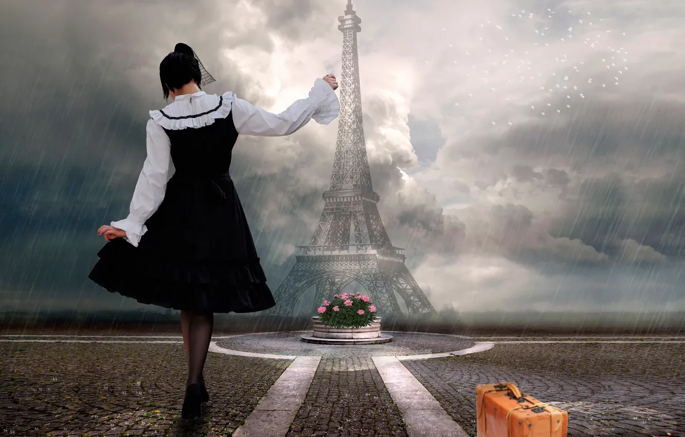 Фото обои девушка, дождь, Париж, чемодан, Takis Poseidon