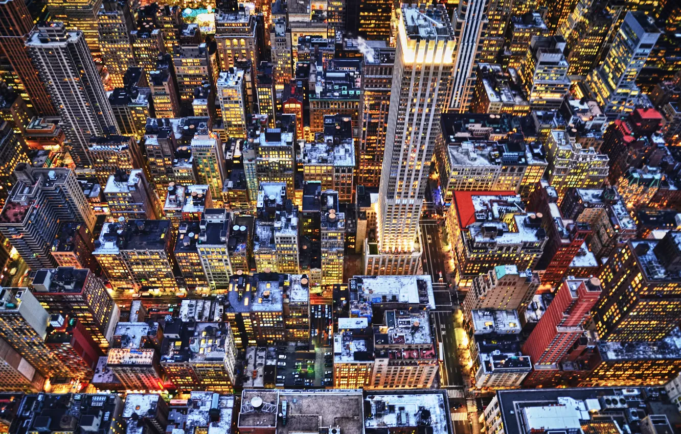 Фото обои зима, огни, здания, небоскребы, вечер, крыши, нью-йорк, new york