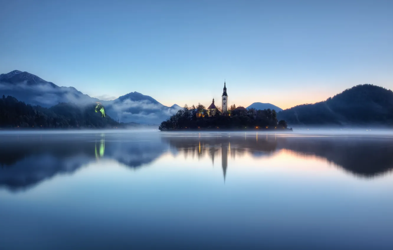 Фото обои туман, Словения, Бледское озеро