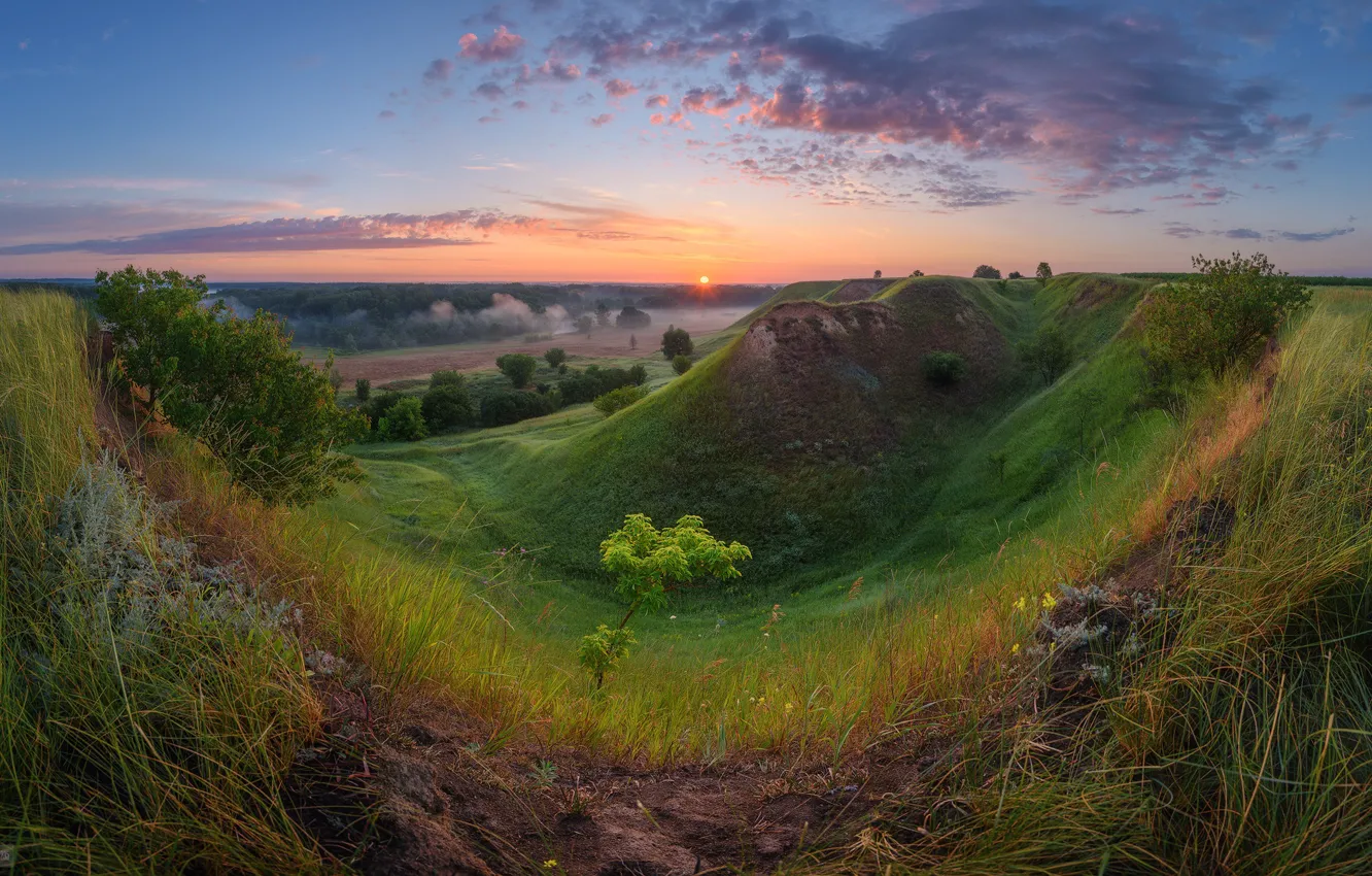 Фото обои облака, пейзаж, природа, туман, рассвет, холмы, утро, Украина