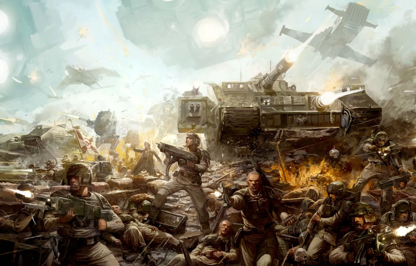 Фото обои люди, война, корабль, танк, warhammer, автоматы, бойня