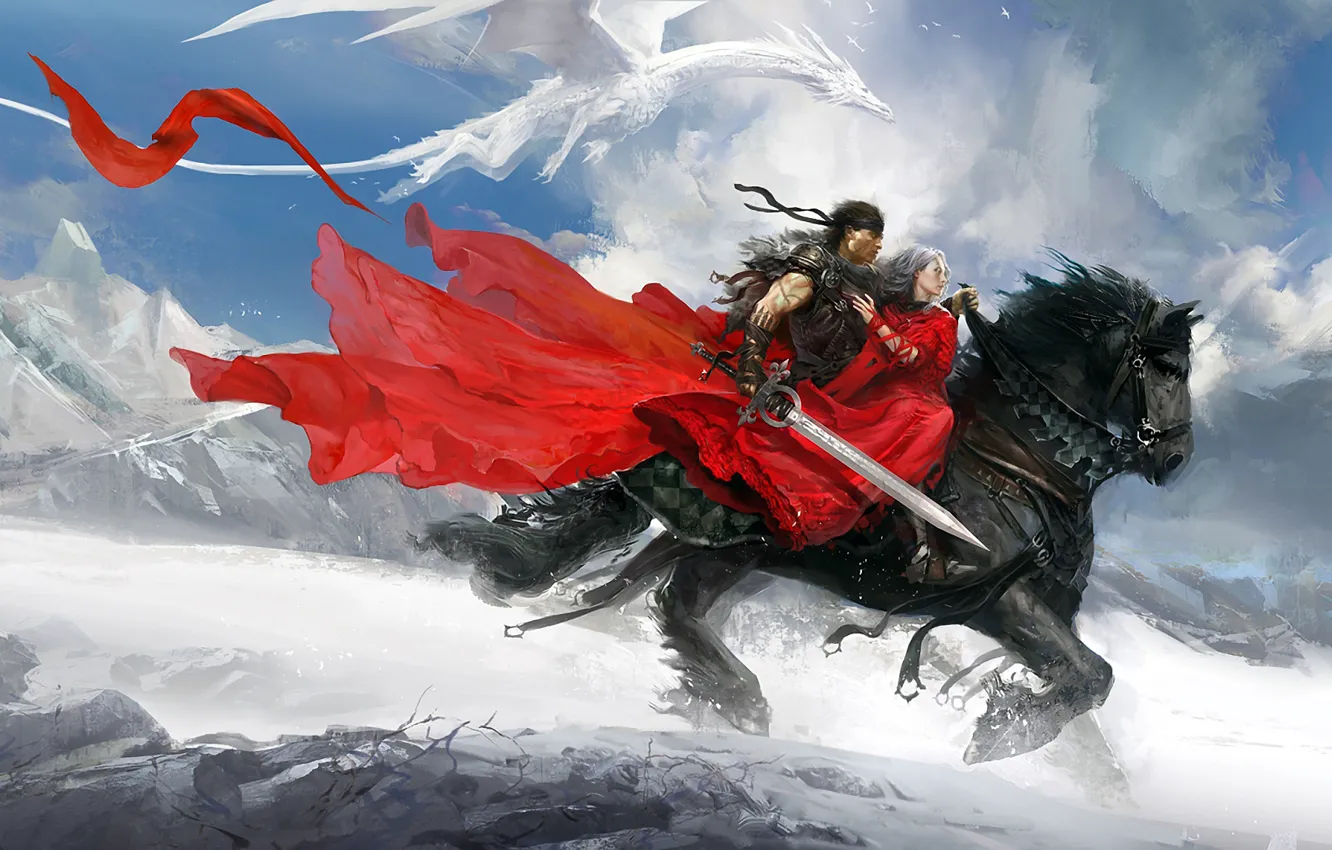 Фото обои девушка, дракон, воин, Арт, верховая езда, горы снег