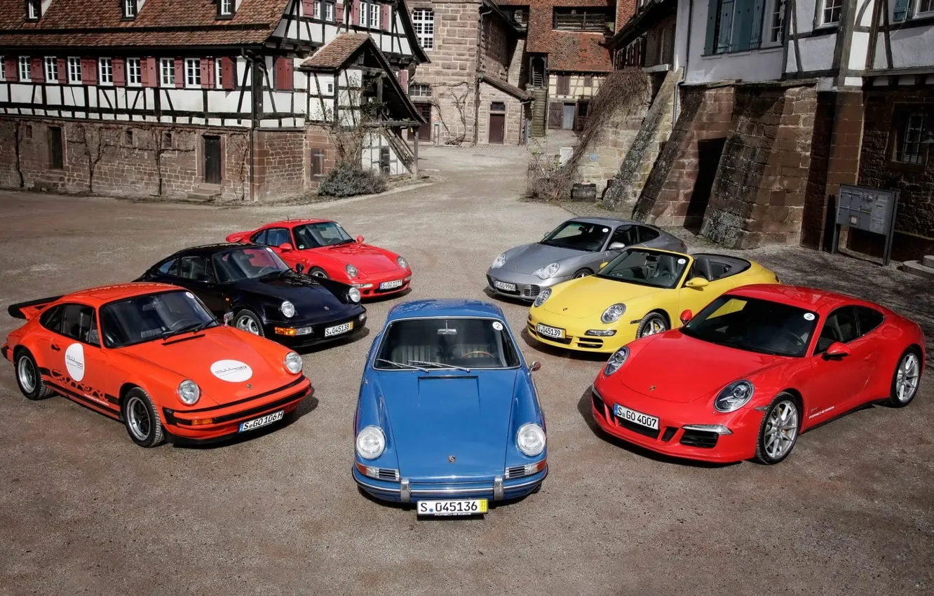 Фото обои фон, дома, 911, Porsche, Порше, эволюция, передок, модельный ряд