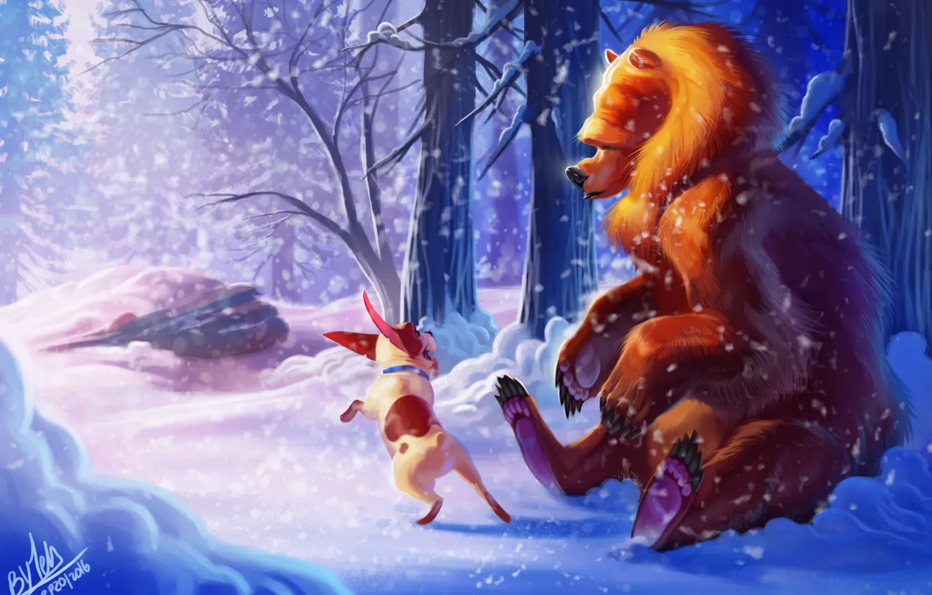 Фото обои зима, лес, снег, собака, медведь, by TehChan