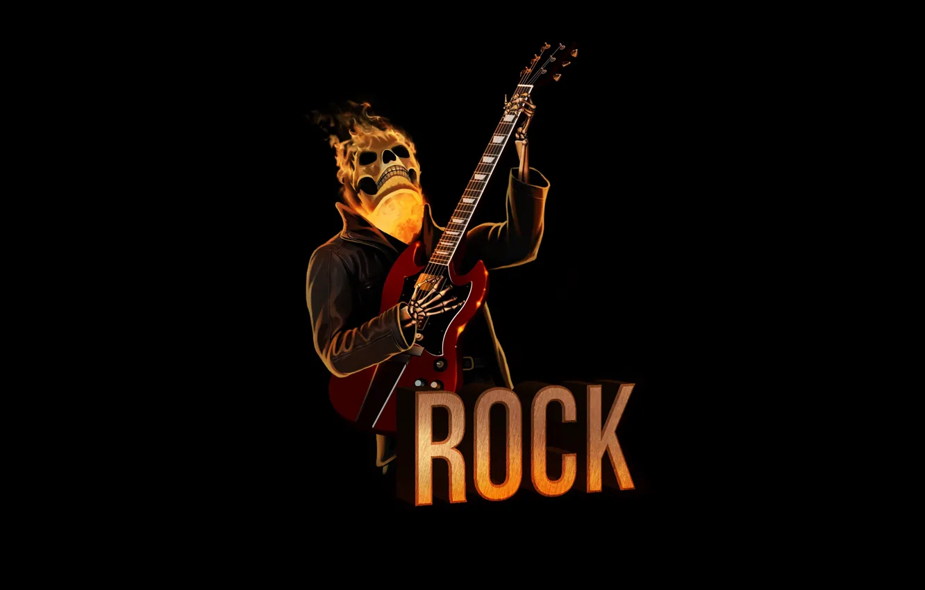 Фото обои красный, огонь, череп, гитара, минимализм, скелет, skull, rock