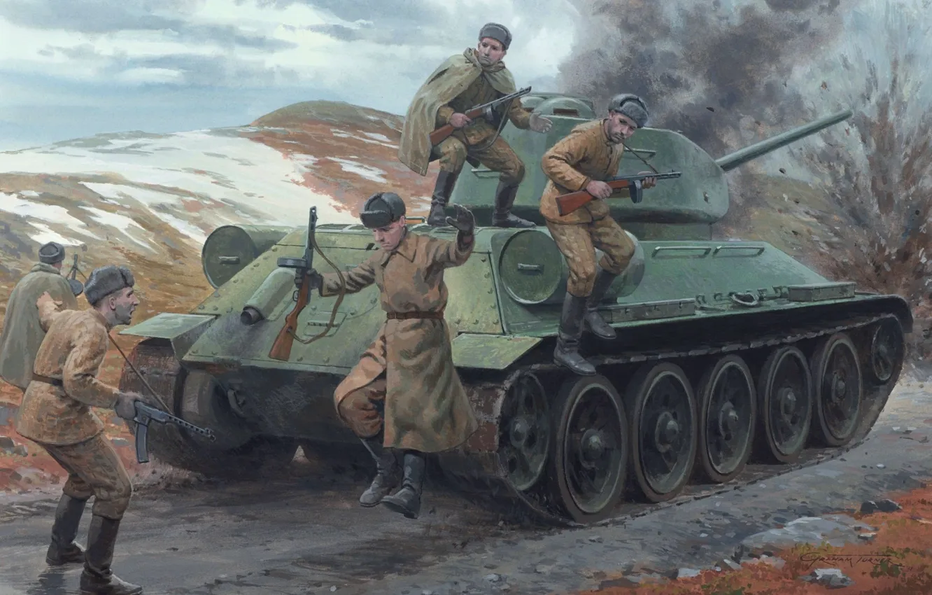 Фото обои война, солдаты, танк, т-34